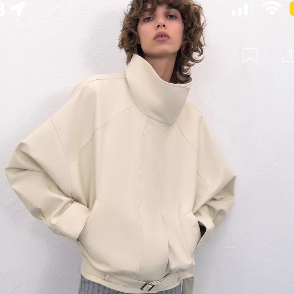 Zara Cream Leather High-Collar Jacket